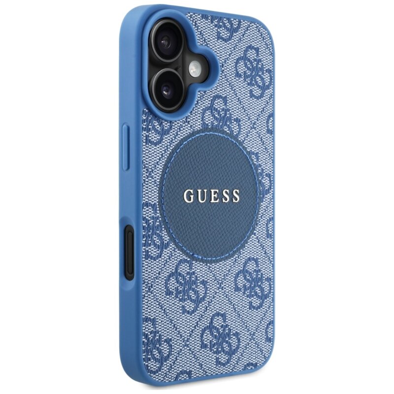 Husa iPhone 16 Guess 4G Circle Classic Logo MagSafe, albastru, GUHMP16SP4PGRSGB