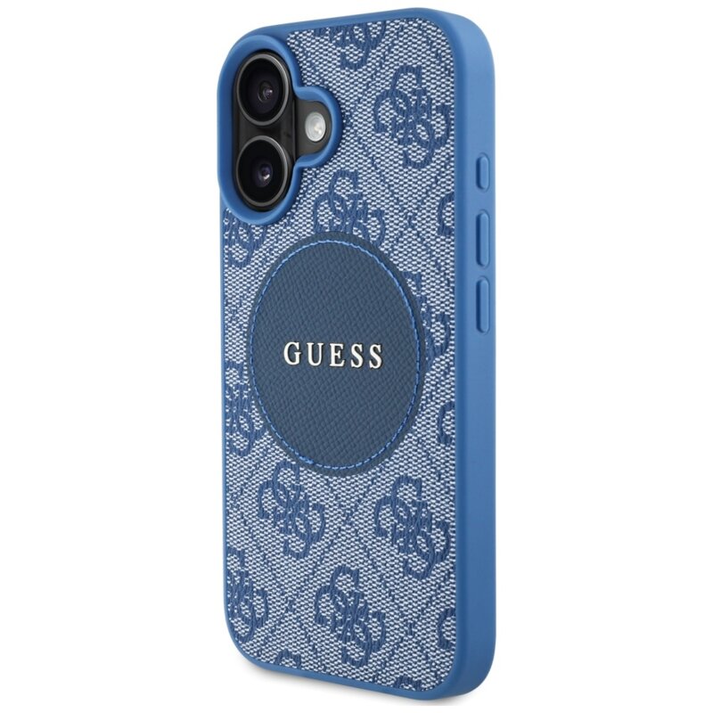 Husa iPhone 16 Guess 4G Circle Classic Logo MagSafe, albastru, GUHMP16SP4PGRSGB
