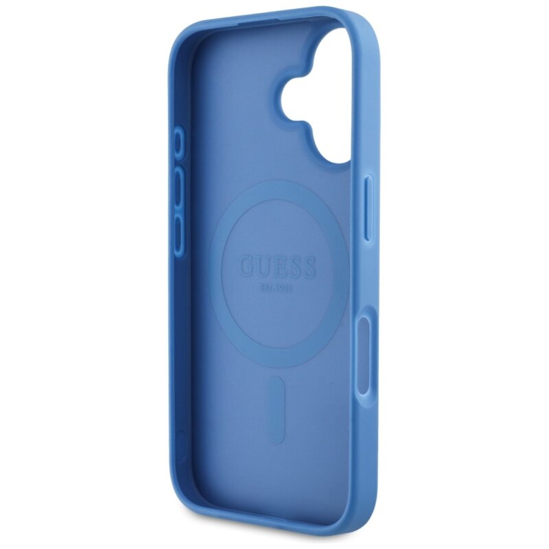 Husa iPhone 16 Guess 4G Circle Classic Logo MagSafe, albastru, GUHMP16SP4PGRSGB