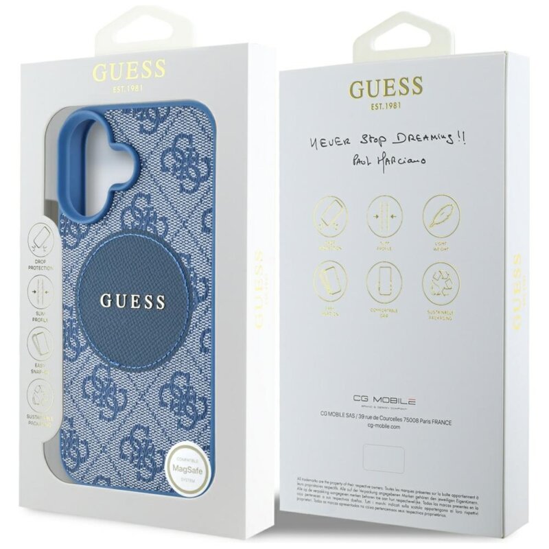 Husa iPhone 16 Guess 4G Circle Classic Logo MagSafe, albastru, GUHMP16SP4PGRSGB