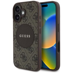 Husa iPhone 16 Guess 4G Circle Classic Logo MagSafe, maro, GUHMP16SP4PGRSGW
