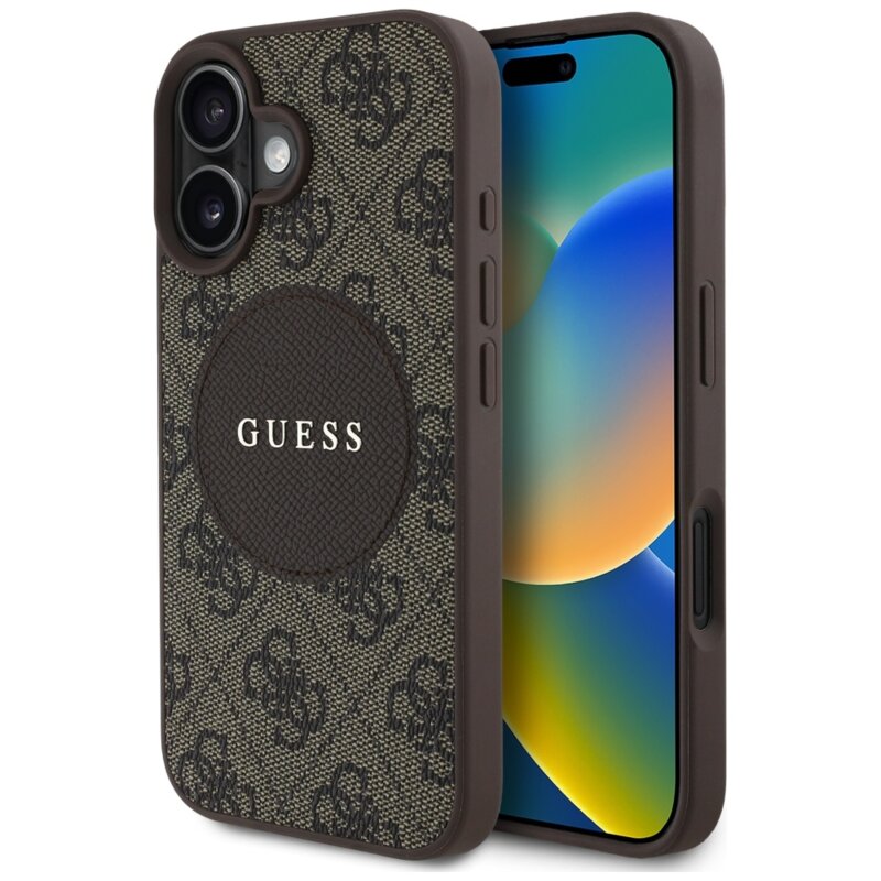 Husa iPhone 16 Guess 4G Circle Classic Logo MagSafe, maro, GUHMP16SP4PGRSGW