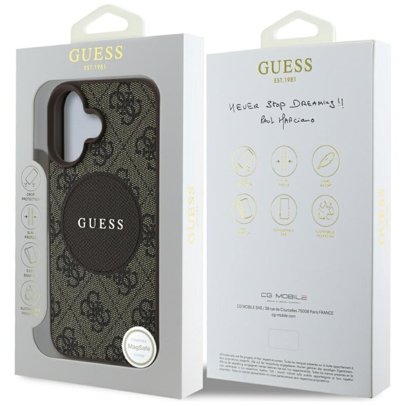 Husa iPhone 16 Guess 4G Circle Classic Logo MagSafe, maro, GUHMP16SP4PGRSGW