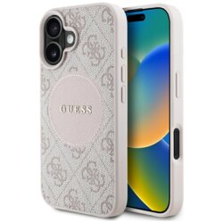 Husa iPhone 16 Guess 4G Circle Classic Logo MagSafe, roz,GUHMP16SP4PGRSGP
