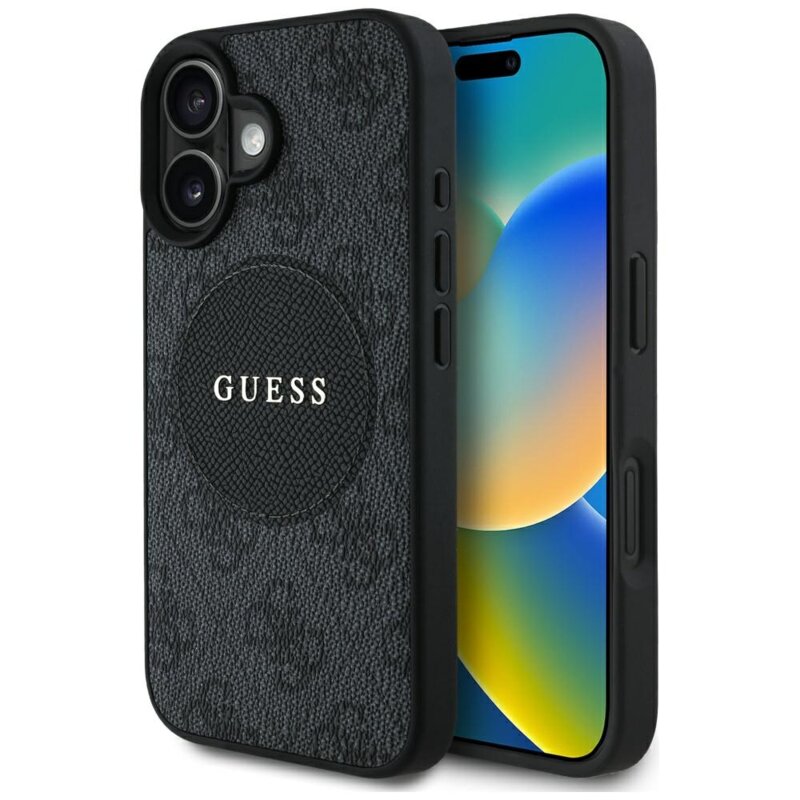 Husa iPhone 16 Guess 4G Circle Classic Logo MagSafe, negru, GUHMP16SP4PGRSGK