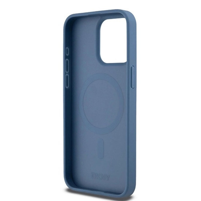 Husa piele iPhone 15 DKNY Leather Pattern Metal Logo MagSafe, albastru, DKHMP15SPSHRPSB