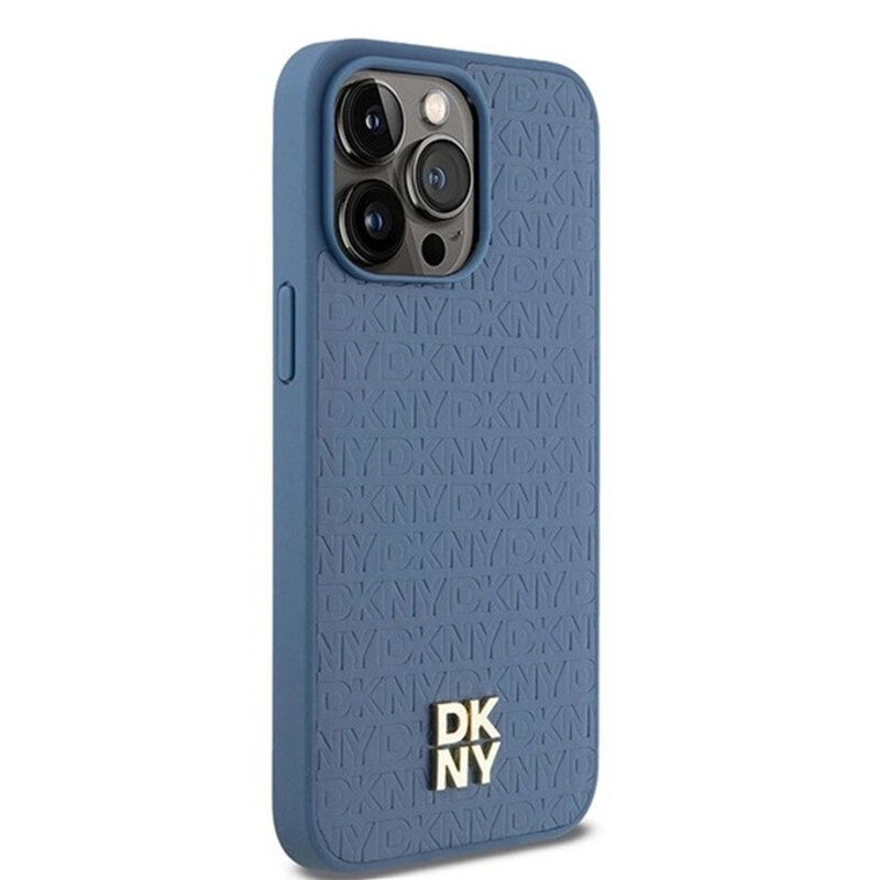 Husa piele iPhone 15 DKNY Leather Pattern Metal Logo MagSafe, albastru, DKHMP15SPSHRPSB