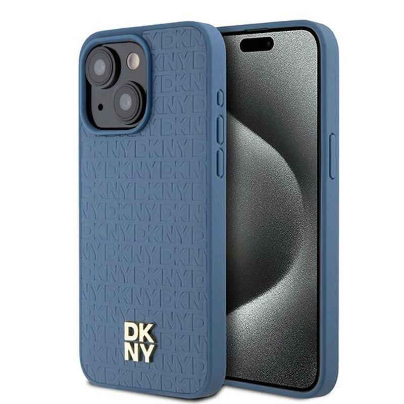 Husa piele iPhone 15 DKNY Leather Pattern Metal Logo MagSafe, albastru, DKHMP15SPSHRPSB