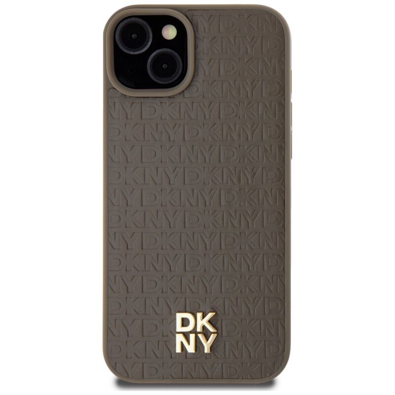 Husa piele iPhone 15 Plus DKNY Leather Pattern Metal Logo MagSafe, maro, DKHMP15MPSHRPSW