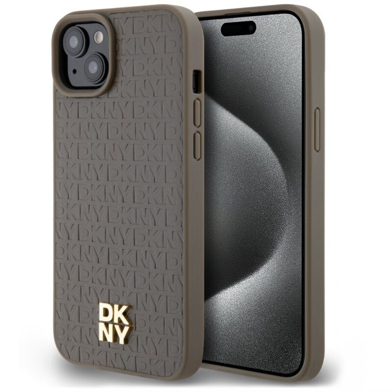 Husa piele iPhone 15 Plus DKNY Leather Pattern Metal Logo MagSafe, maro, DKHMP15MPSHRPSW