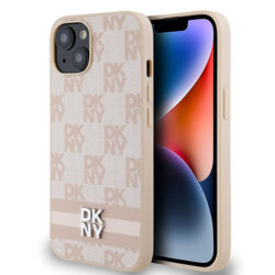 Husa piele iPhone 15 DKNY Leather Checkered Mono Pattern & Printed Stripes, roz, DKHCP15SPCPTSSP