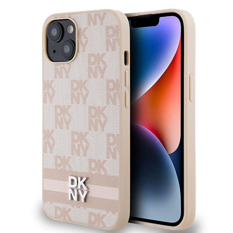 Husa piele iPhone 15 DKNY Leather Checkered Mono Pattern & Printed Stripes, roz, DKHCP15SPCPTSSP