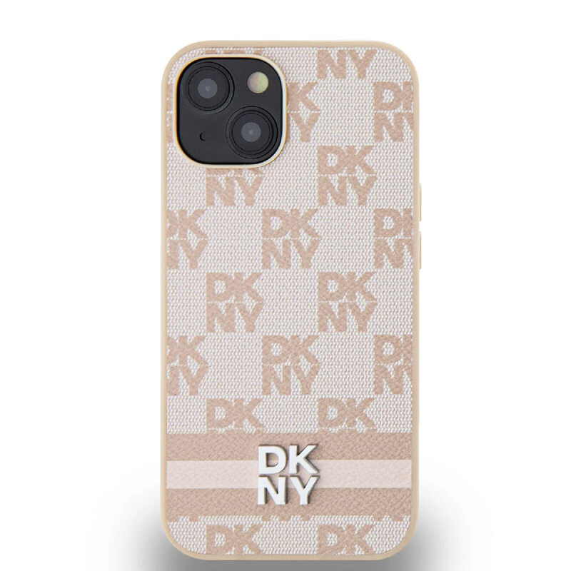 Husa piele iPhone 15 DKNY Leather Checkered Mono Pattern & Printed Stripes, roz, DKHCP15SPCPTSSP