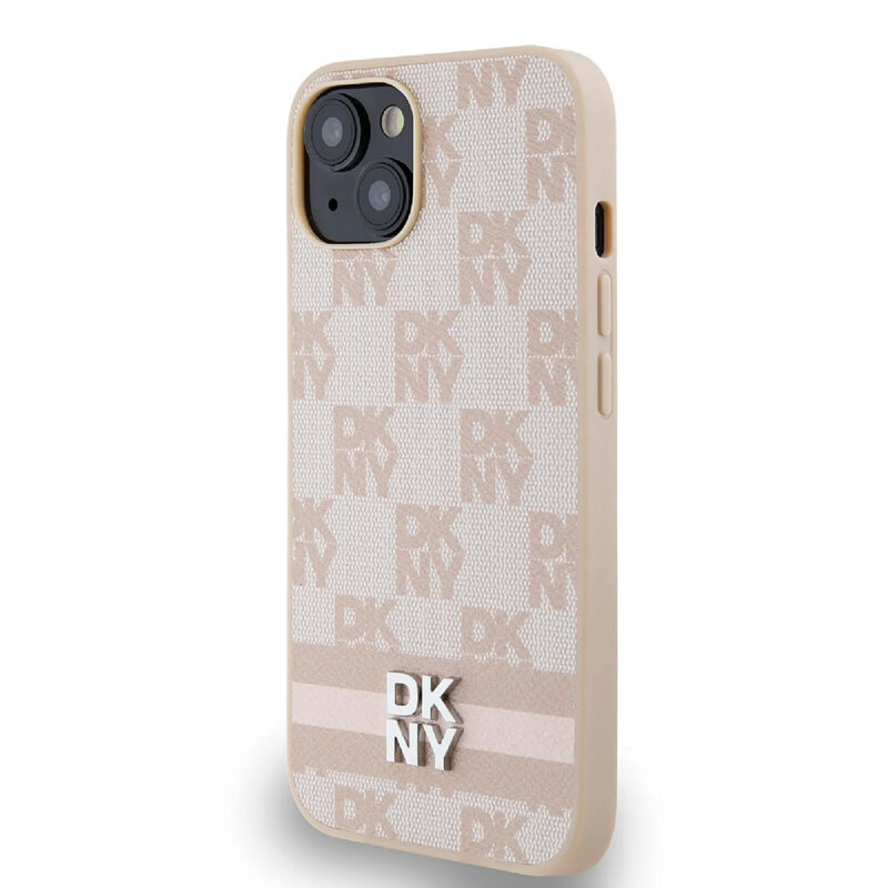 Husa piele iPhone 15 DKNY Leather Checkered Mono Pattern & Printed Stripes, roz, DKHCP15SPCPTSSP