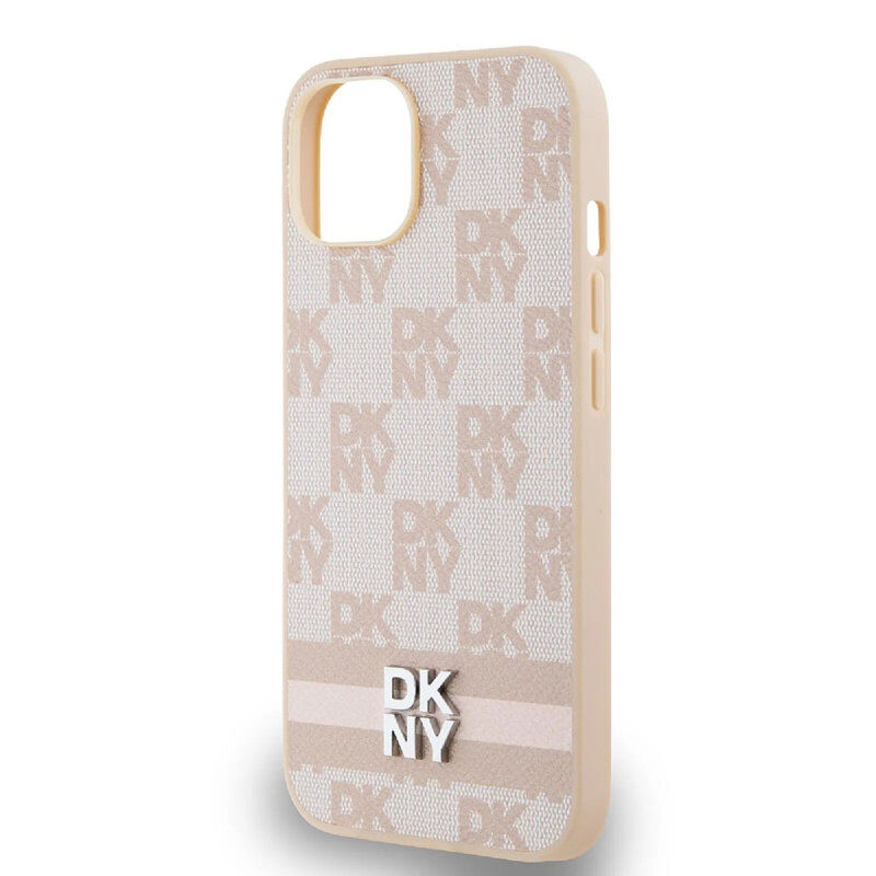 Husa piele iPhone 15 DKNY Leather Checkered Mono Pattern & Printed Stripes, roz, DKHCP15SPCPTSSP