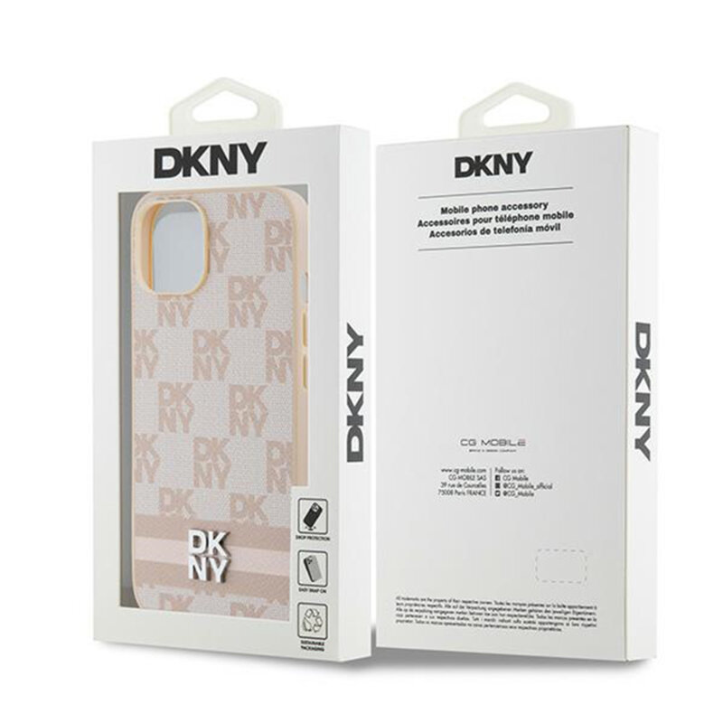 Husa piele iPhone 15 DKNY Leather Checkered Mono Pattern & Printed Stripes, roz, DKHCP15SPCPTSSP