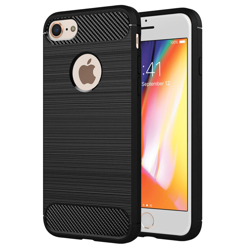 Husa iPhone 8 Techsuit Carbon Silicone, cu decupaj pentru sigla, negru