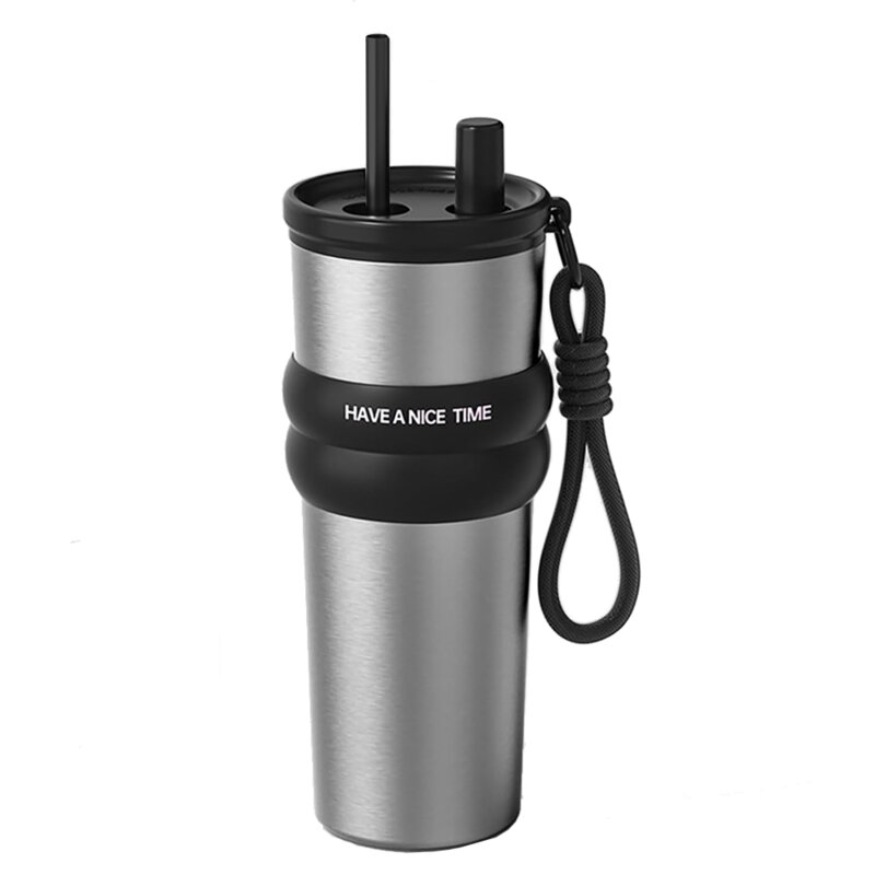 Pahar termos mare cafea cu pai Techsuit THM7, 710ml, gri