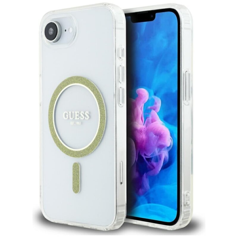 Husa iPhone 16e originala Guess IML Glitter Circle MagSafe, transparenta, GUHMPSE4HFGERET