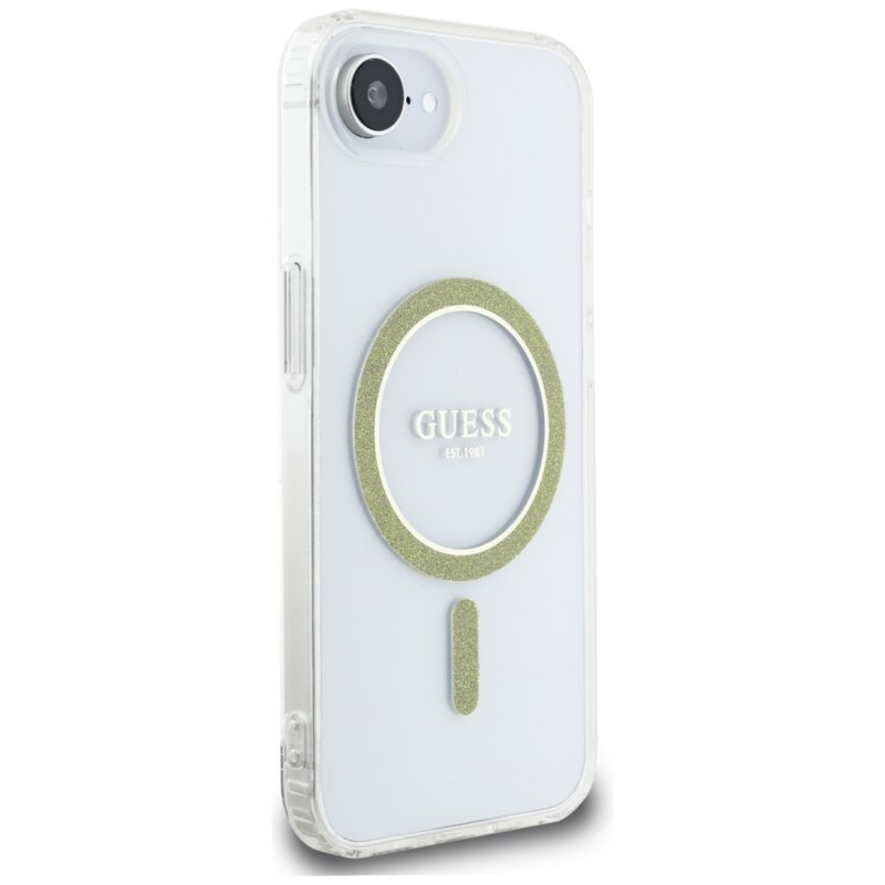 Husa iPhone 16e originala Guess IML Glitter Circle MagSafe, transparenta, GUHMPSE4HFGERET