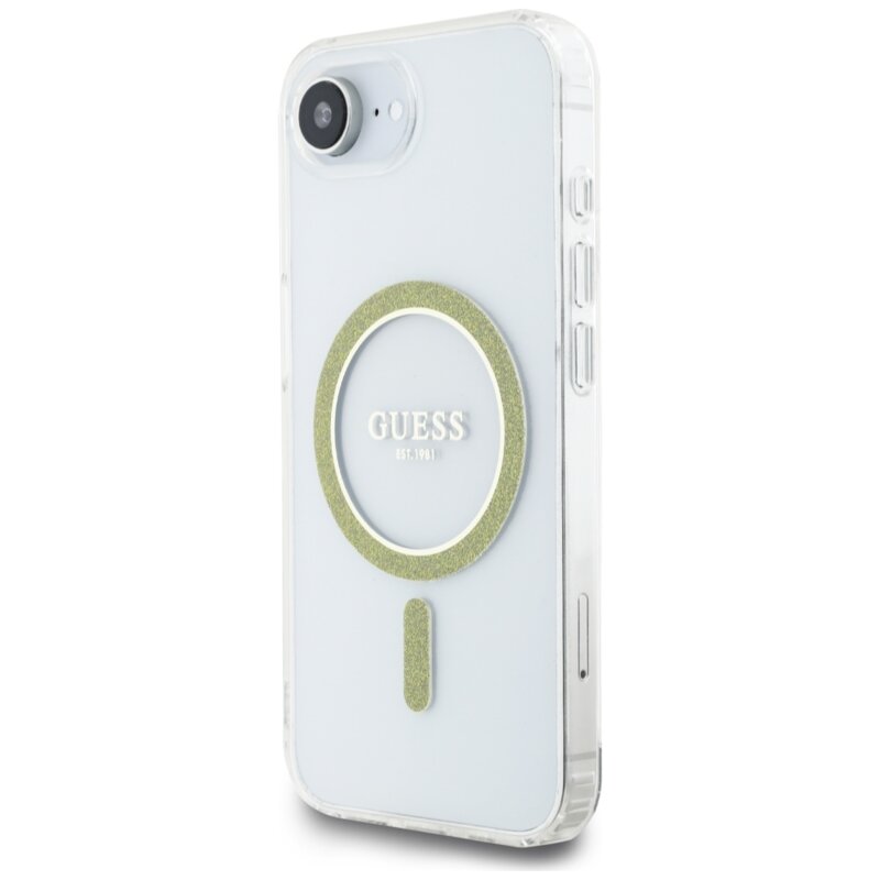 Husa iPhone 16e originala Guess IML Glitter Circle MagSafe, transparenta, GUHMPSE4HFGERET