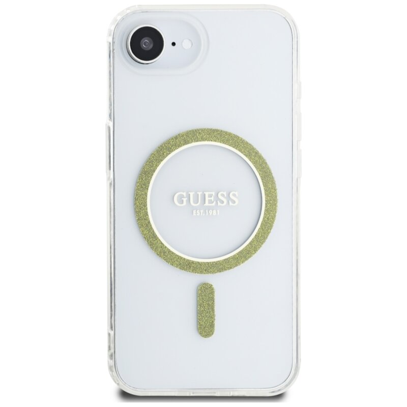 Husa iPhone 16e originala Guess IML Glitter Circle MagSafe, transparenta, GUHMPSE4HFGERET