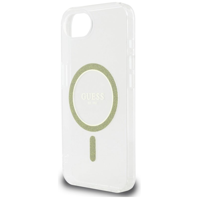 Husa iPhone 16e originala Guess IML Glitter Circle MagSafe, transparenta, GUHMPSE4HFGERET