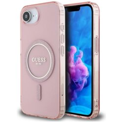 Husa iPhone 16e originala Guess IML Glitter Circle MagSafe, roz, GUHMPSE4HFGEREP