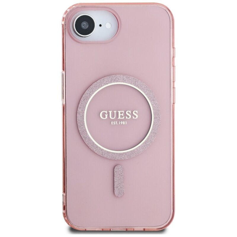 Husa iPhone 16e originala Guess IML Glitter Circle MagSafe, roz, GUHMPSE4HFGEREP