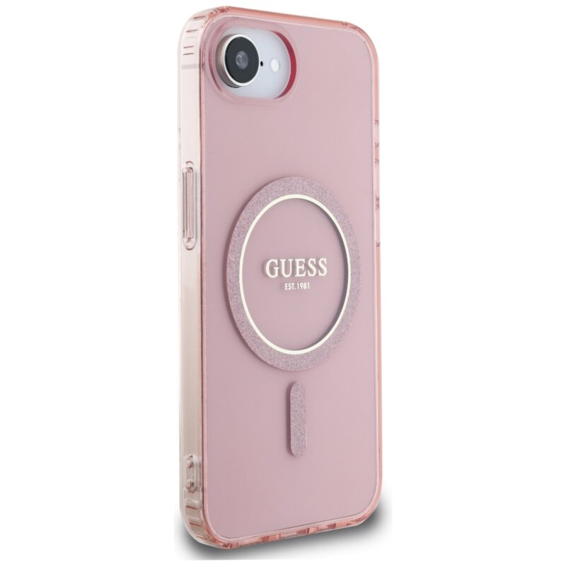 Husa iPhone 16e originala Guess IML Glitter Circle MagSafe, roz, GUHMPSE4HFGEREP