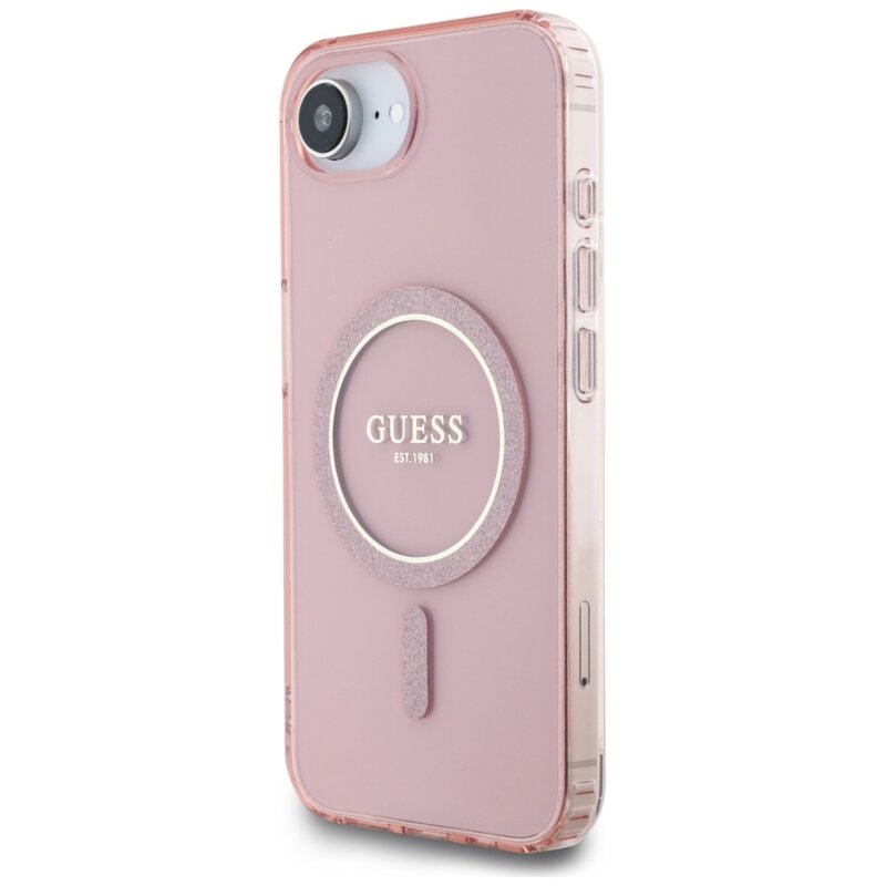 Husa iPhone 16e originala Guess IML Glitter Circle MagSafe, roz, GUHMPSE4HFGEREP
