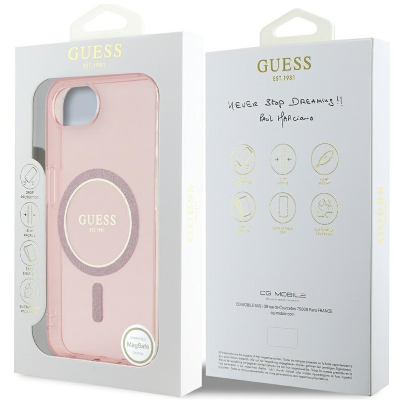 Husa iPhone 16e originala Guess IML Glitter Circle MagSafe, roz, GUHMPSE4HFGEREP