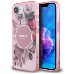 Husa iPhone 16e originala Guess IML Flowers MagSafe, roz, GUHMPSE4HFWBRCEP