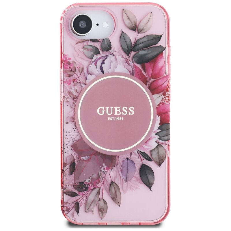 Husa iPhone 16e originala Guess IML Flowers MagSafe, roz, GUHMPSE4HFWBRCEP