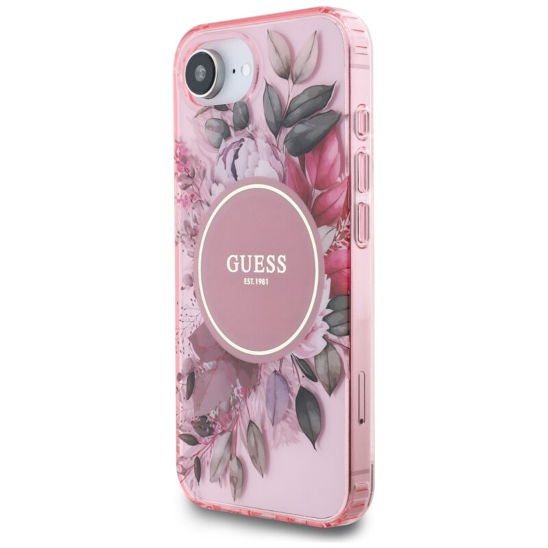 Husa iPhone 16e originala Guess IML Flowers MagSafe, roz, GUHMPSE4HFWBRCEP