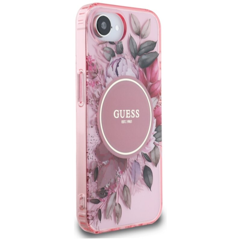 Husa iPhone 16e originala Guess IML Flowers MagSafe, roz, GUHMPSE4HFWBRCEP