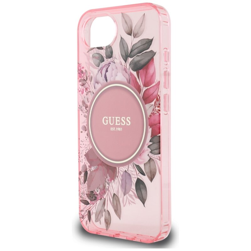 Husa iPhone 16e originala Guess IML Flowers MagSafe, roz, GUHMPSE4HFWBRCEP