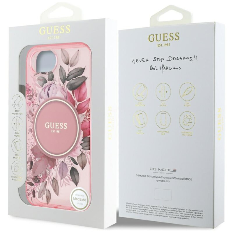 Husa iPhone 16e originala Guess IML Flowers MagSafe, roz, GUHMPSE4HFWBRCEP
