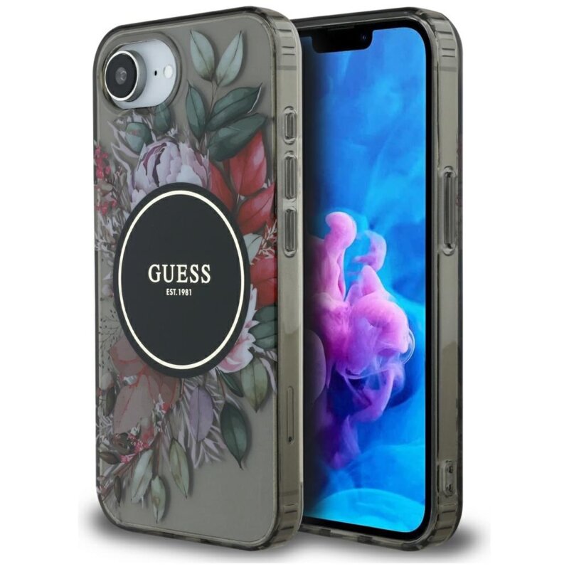 Husa iPhone 16e originala Guess IML Flowers MagSafe, negru, GUHMPSE4HFWBRCEK