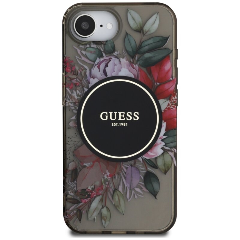 Husa iPhone 16e originala Guess IML Flowers MagSafe, negru, GUHMPSE4HFWBRCEK