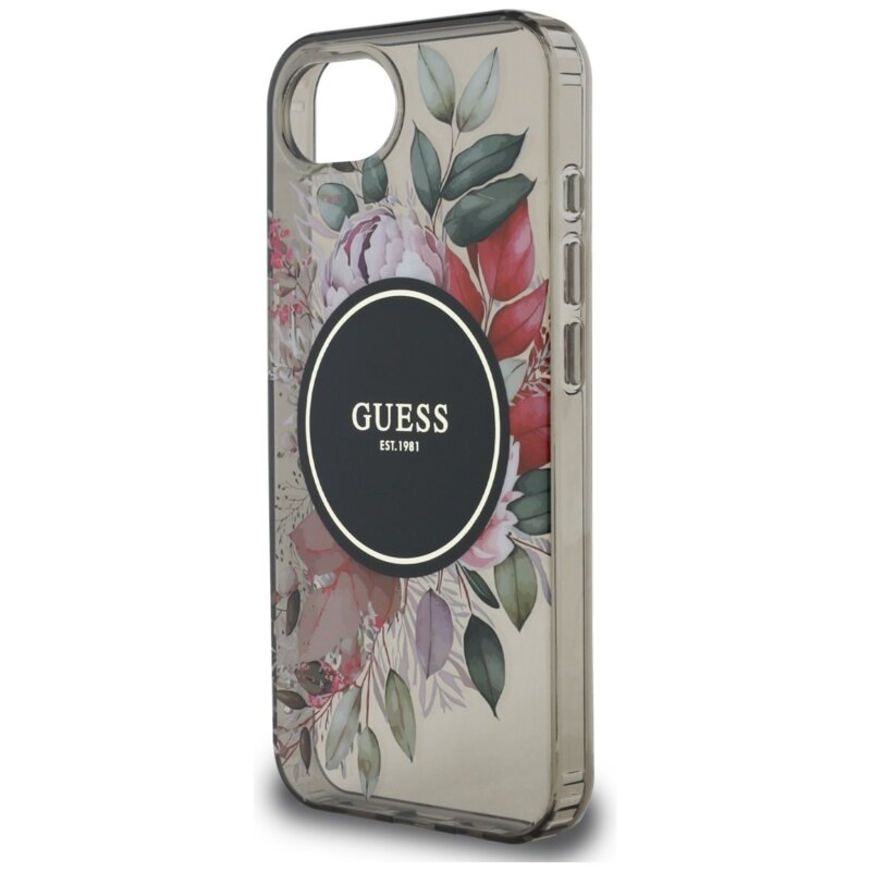 Husa iPhone 16e originala Guess IML Flowers MagSafe, negru, GUHMPSE4HFWBRCEK