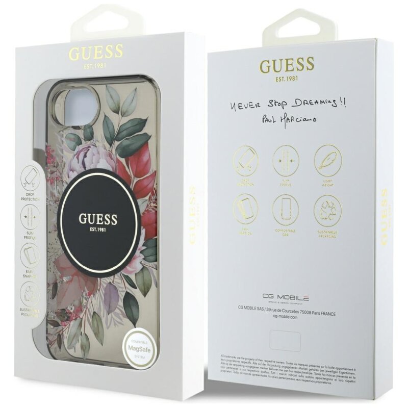 Husa iPhone 16e originala Guess IML Flowers MagSafe, negru, GUHMPSE4HFWBRCEK