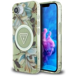 Husa iPhone 16e originala Guess IML Metal Glitter Flowers Triangle MagSafe, verde, GUHMPSE4HFLPEDN