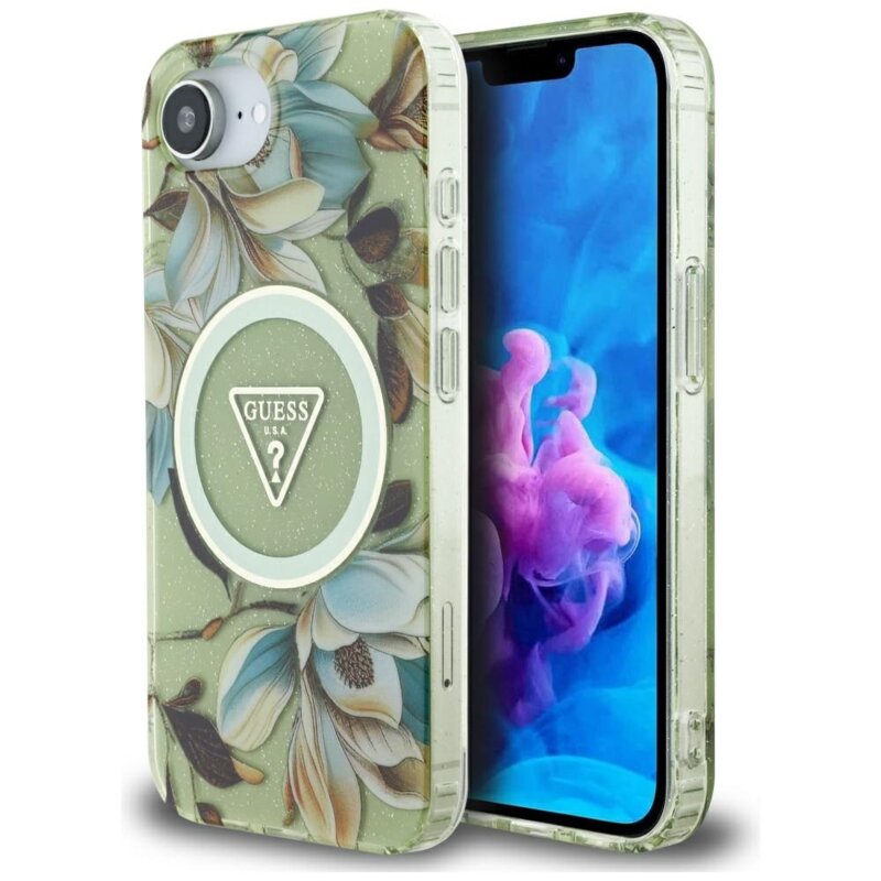 Husa iPhone 16e originala Guess IML Metal Glitter Flowers Triangle MagSafe, verde, GUHMPSE4HFLPEDN