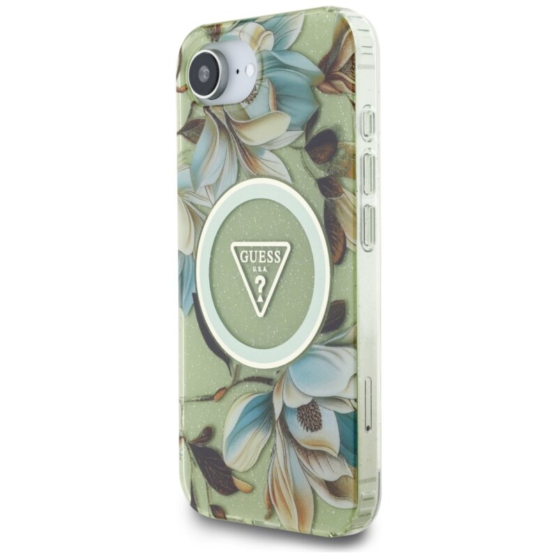 Husa iPhone 16e originala Guess IML Metal Glitter Flowers Triangle MagSafe, verde, GUHMPSE4HFLPEDN