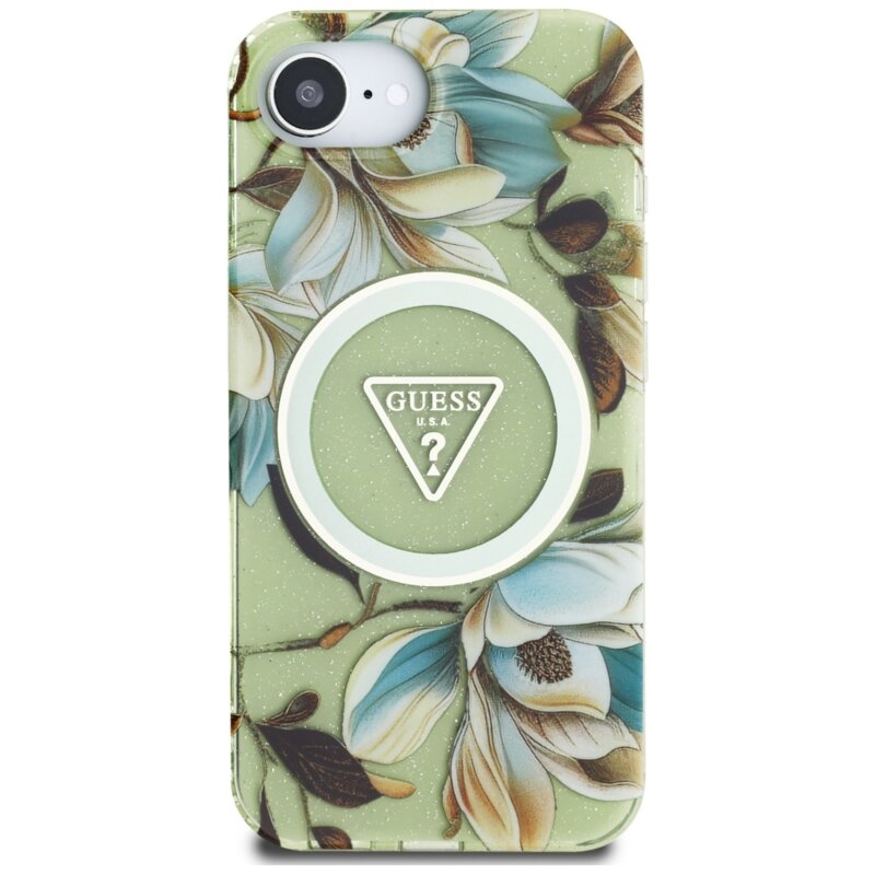 Husa iPhone 16e originala Guess IML Metal Glitter Flowers Triangle MagSafe, verde, GUHMPSE4HFLPEDN