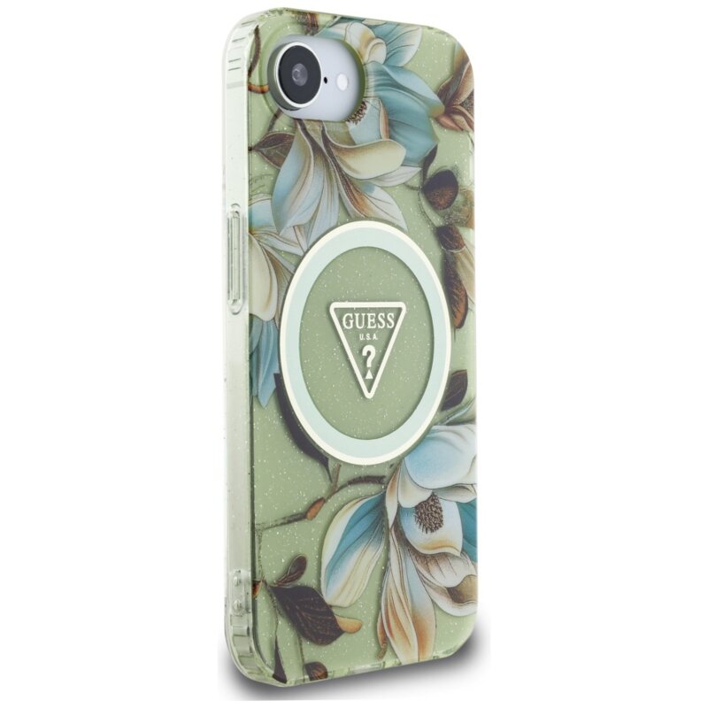 Husa iPhone 16e originala Guess IML Metal Glitter Flowers Triangle MagSafe, verde, GUHMPSE4HFLPEDN