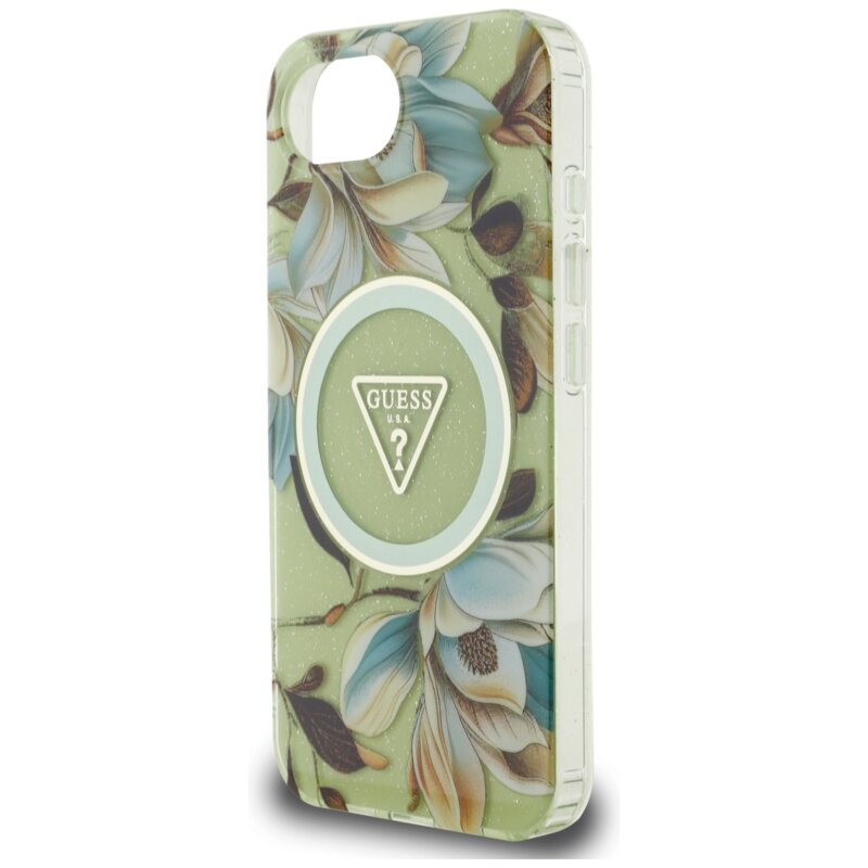 Husa iPhone 16e originala Guess IML Metal Glitter Flowers Triangle MagSafe, verde, GUHMPSE4HFLPEDN
