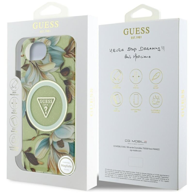 Husa iPhone 16e originala Guess IML Metal Glitter Flowers Triangle MagSafe, verde, GUHMPSE4HFLPEDN