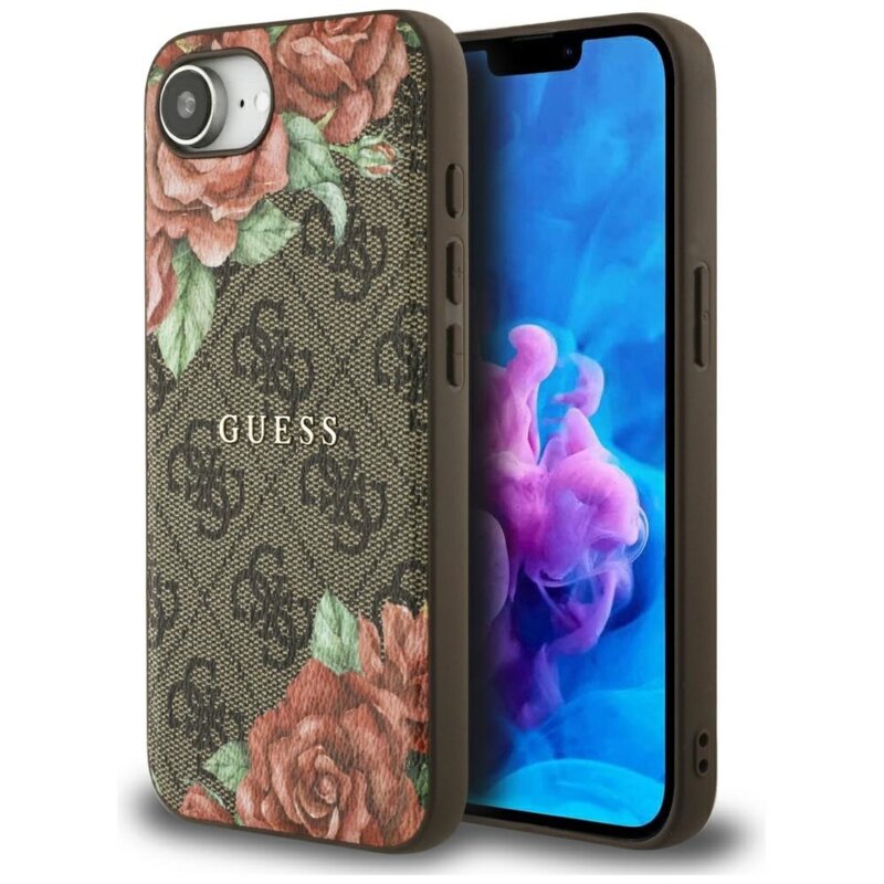 Husa originala Guess iPhone 16e Hardcase 4G Flower Print MagSafe, maro, GUHMPSE4P4ROPEMCW